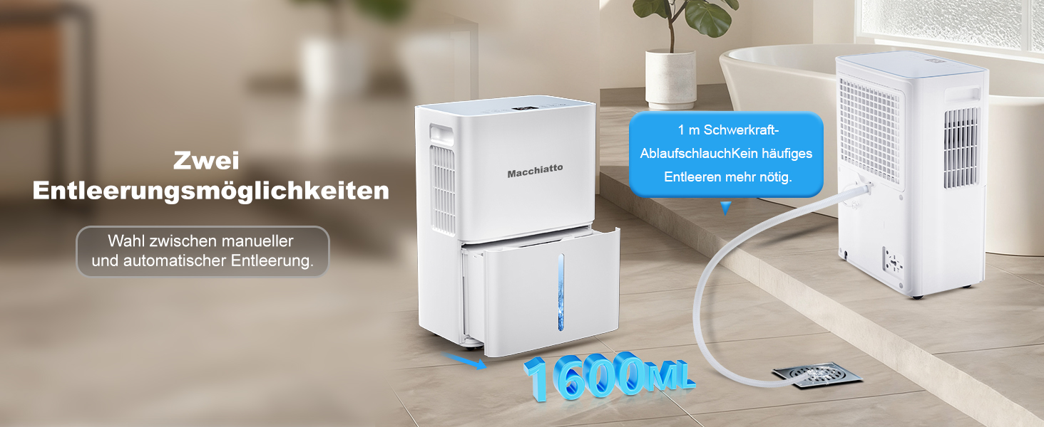 Повітряний осушувач Macchiatto Elektrischer Kompakt 16л для приміщень до 80м³ (32м²) з автоматичним режимом та колесами