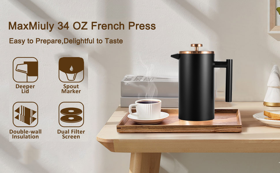 Кавоварка French Press кавоварка об'ємом 1,5 літра з нержавіючої сталі кавоварка French Press Caffettiera з подвійними стінками, ізольована, з 2 додатковими фільтрами, мл (1000, чорний)