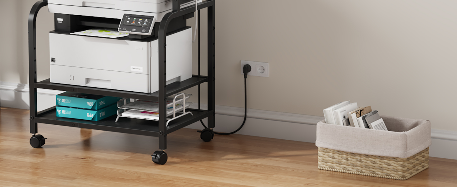 Трирівневий стіл для принтера з розеткою та USB-портами, регульовані полиці, роликовий стійка для принтера для дому/офісу, 3D/лазерний принтер, термопрес (Чорний) Чорний 60 см