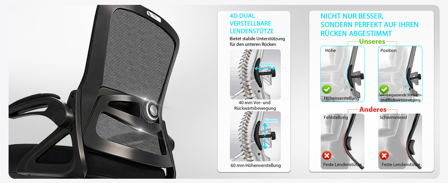 Ергономічне крісло для офісу, комп'ютерне крісло з регульованою 4D поперековою підтримкою, поворотне крісло з відкидними підлокітниками, крісло з функцією нахилу 90°-125°, сітчасте крісло до 130 кг, чорне