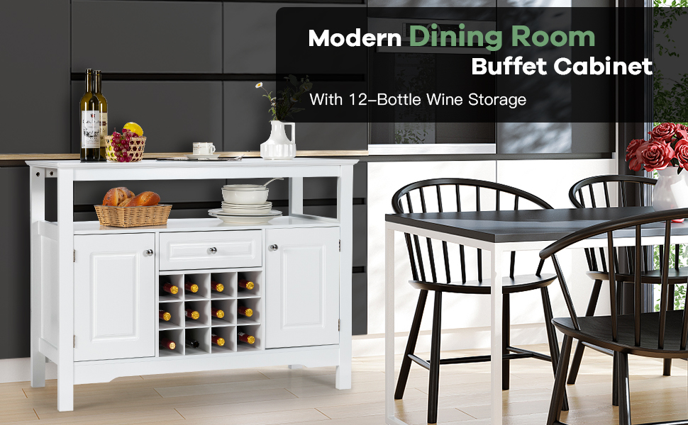 GIANTEX Буфет з полицями для вина, комод у шафу, білий, з ящиками та 2 шафами