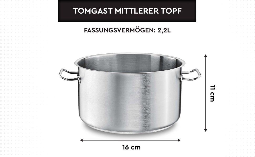 Каструля TOMGAST діаметр 20 см, висота 12,5 см, об'єм 4 л, нержавіюча сталь 18/10, товщина стінок 1-1,2 мм, алюмінієво-сталеве дно, індукційна