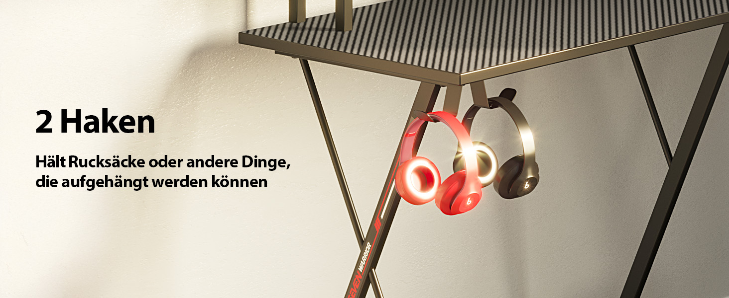 Ігровий стіл SEVEN WARRIOR з LED-підсвічуванням, розетками, моніторний стійка, 2 гачки, L-подібний, 147 см