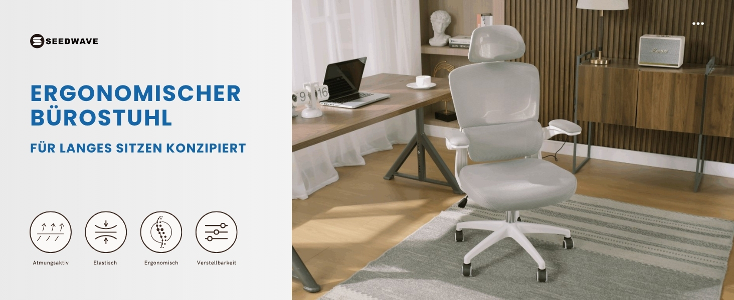 Офісний крісло SEEDWAVE з ергономічною підтримкою спини, регульованою підголівником та функцією гойдання, сірий та білий колір, до 150 кг