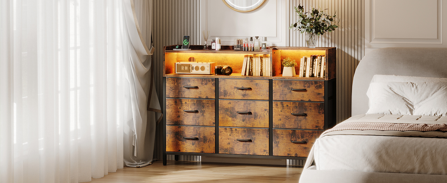 Комод ODK з шухлядами, 2 розетки, 2 USB, 10 LED-смужок, полиця-стільниця, 9 тканинних шухляд, чорний (ретро стиль), 130x30x97 см