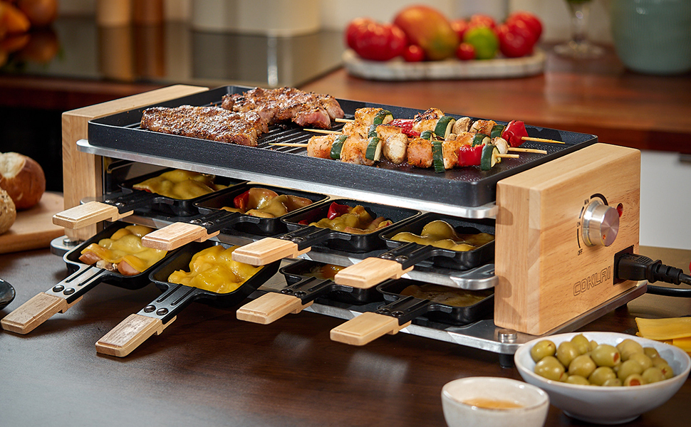Раглеті гриль COKLAI на 8 осіб з антипригарним покриттям, для вечірок, з регулюванням температури, 8 сковородок та дерев'яними шпателями