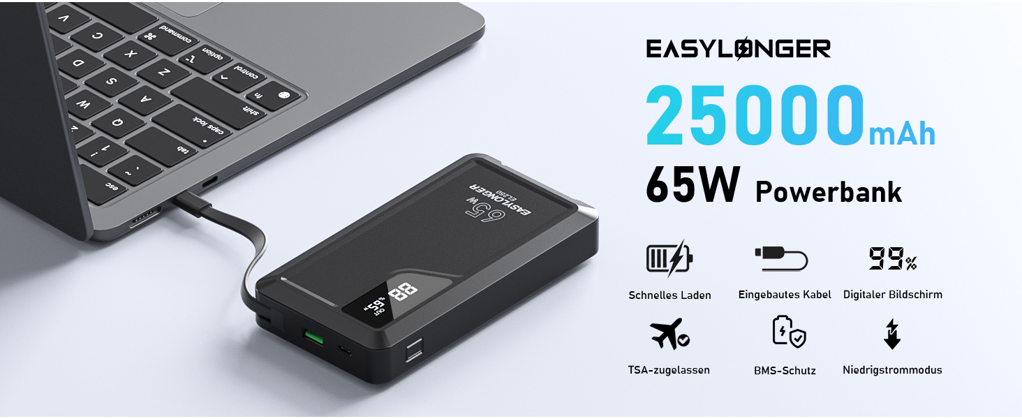 З кабелем, два USB-C, для ноутбука, мобільного телефону, планшета, 25000mAh 65W PD