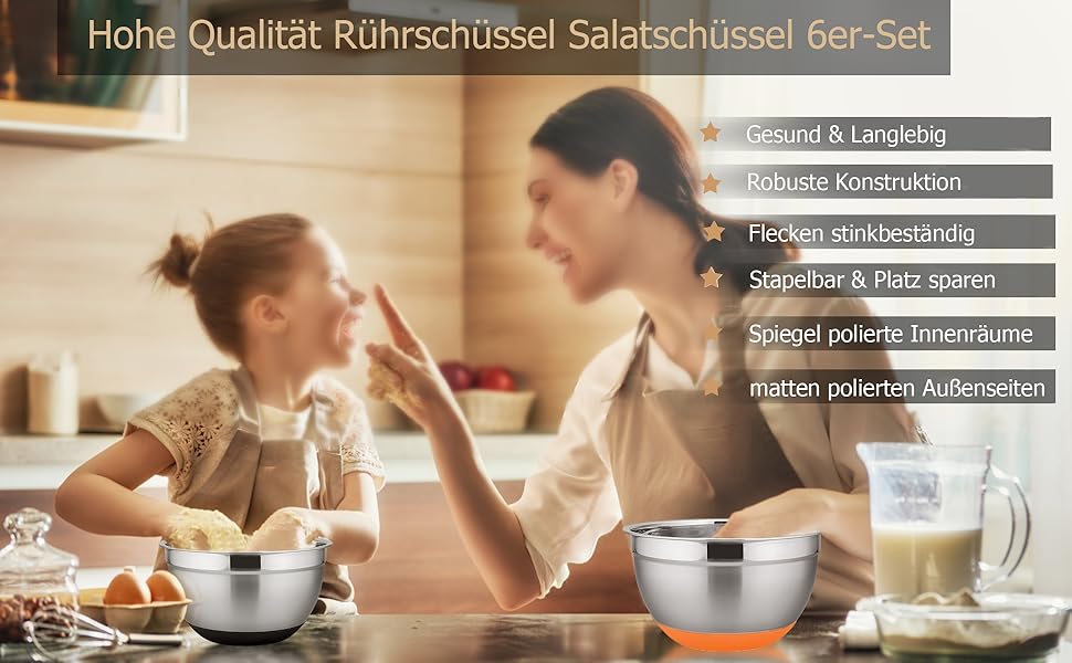 Набір салатниць TEAMFAR 6 шт. з нержавіючої сталі з кришками та силіконовими ніжками, 0.7L/1.5L/1.6L/2.5L/2.8L/4.6L