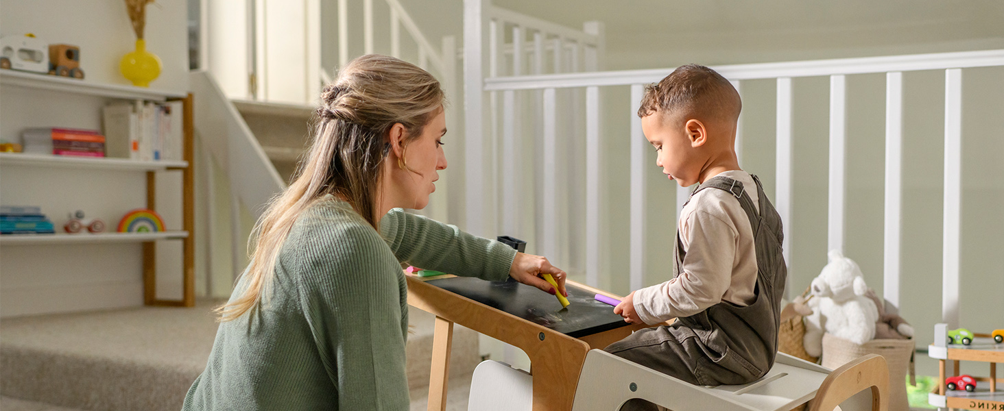 Дитяча Montessori-драбинка Maxi-Cosi Toucan 3-в-1 з дерева: помічник (лернтурм), стілець та стіл з інтегрованою дошкою, FSC-сертифікована натуральна деревина, навантаження до 150 кг