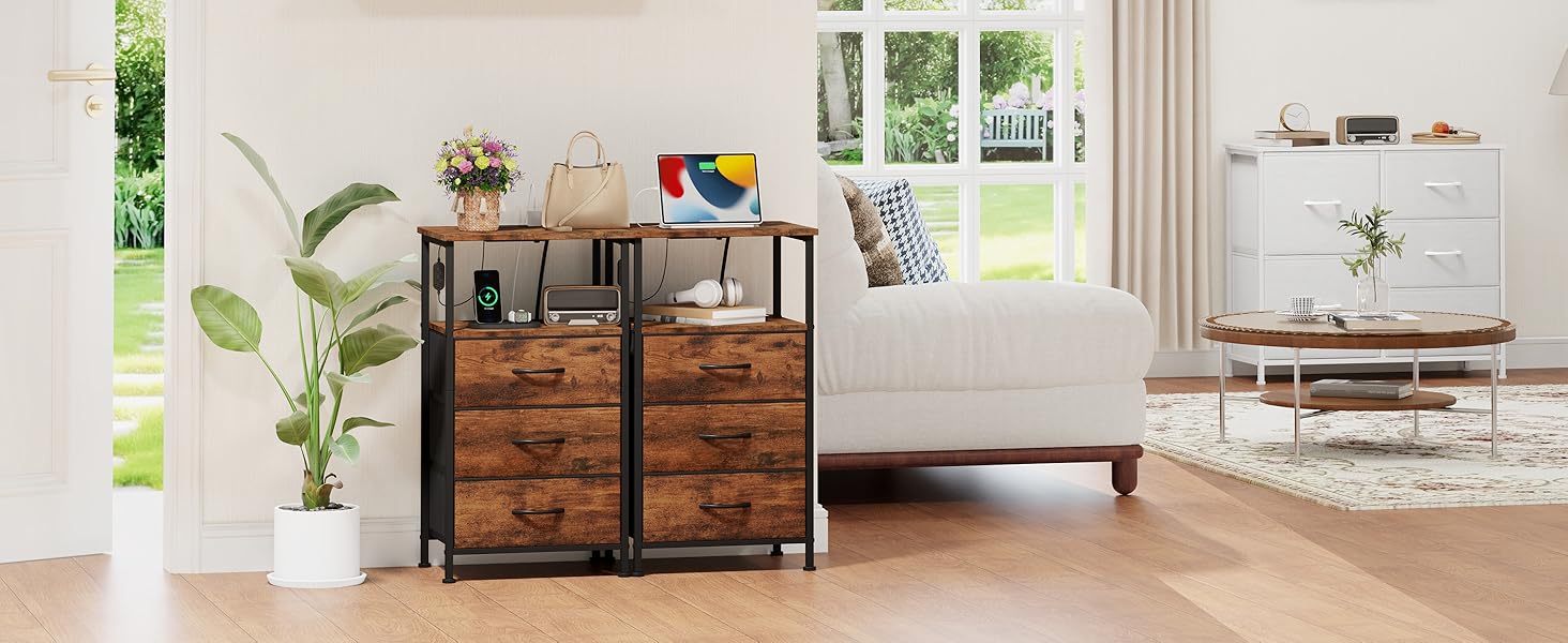 Нічний столик Somdot з підзарядкою, LED, розеткою (USB, Type-C) для спальні, вітальні, дитячої кімнати. Нічний столик, тумбочка, 30x40x60 (2 висувні ящики), деревоподібний масив, 2