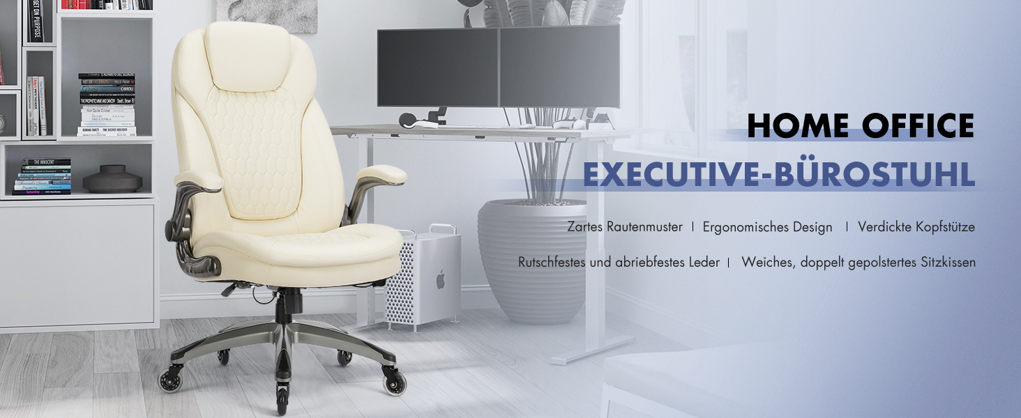 Крісло для офісу Colamy: ергономічне крісло з дихаючої шкіри, підголівник, регульовані підлокітники та м'яке сидіння з пружинним блоком, для дому та офісу (слонова кістка)