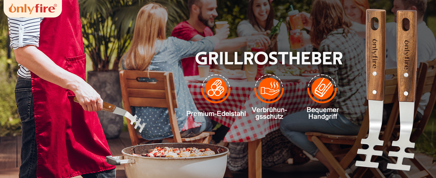Набір гриль-посуду Onlyfire 4-в-1: щипці, лопатка, виделка, щітка з нержавіючої сталі та акації, з ручками та петлями для підвішування