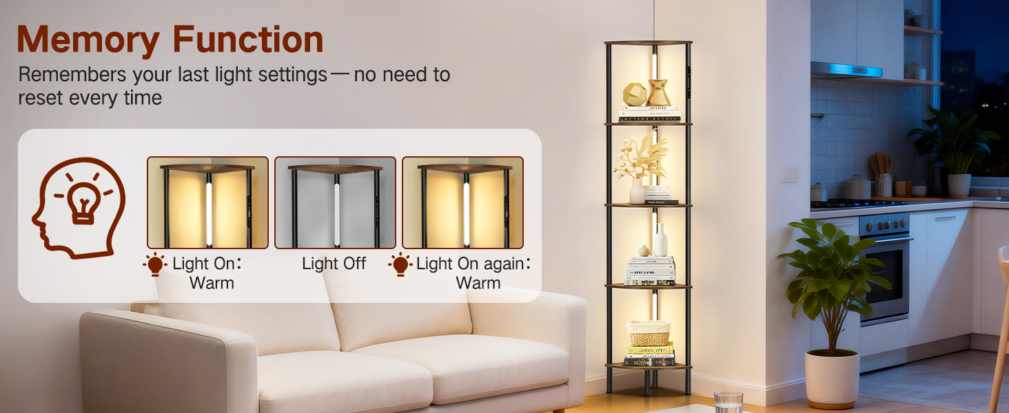 LED торшер з полицею, 3 режими світла, димування (сенсор/пульт), кутова полиця 5-рівнів, вузький книжковий стелаж для вітальні, спальні, офісу (білий)