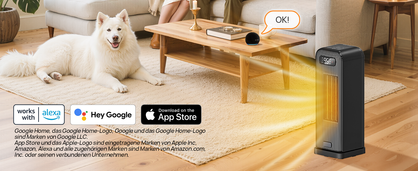 Електричний обігрівач 1500W з PTC-керамічним нагрівачем, портативний з термостатом та ECO-режимом, 4 режими, цифровий дисплей, таймер 12 годин, тихий (35dB), чорний (40cm)