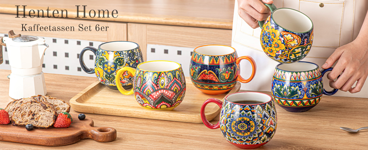 Набір кавових чашок Henten Home з порцеляни, 6 шт., 250 мл, ручної роботи, набір для 6 осіб, включає чашки та блюдця (600 мл)