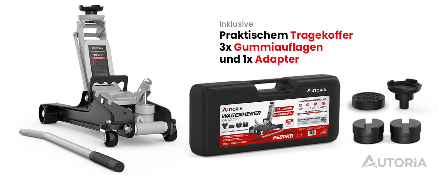 Гідравлічний домкрат Wagenheber 2.5T низькопрофільний для легкових авто та авто з низькою посадкою, до 2500 кг, з кейсом, 3 гумові накладки + адаптер (світло-сірий)