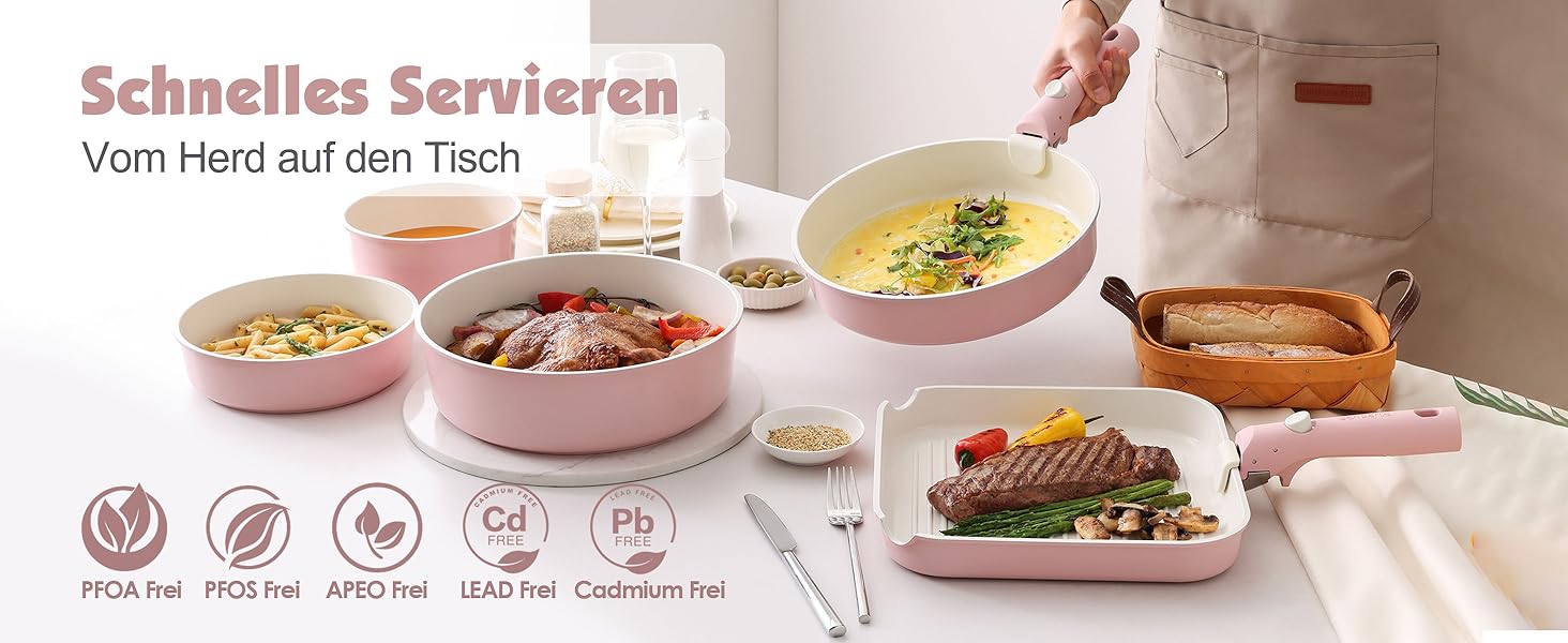 Набір посуду SENSARTE 17 частин з керамічним покриттям, антипригарний, для всіх плит, безпечний, рожевий