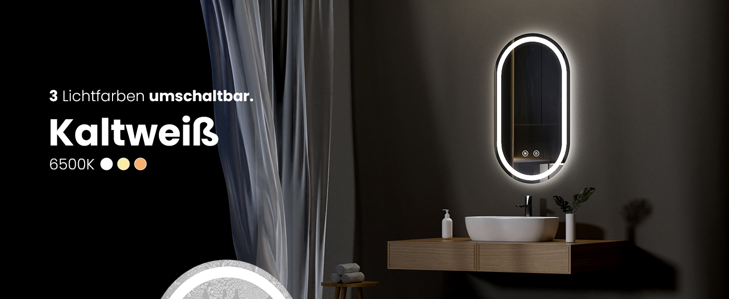 Дзеркало для ванної кімнати EMKE з підсвічуванням 50x90 см, овальне, з сенсорним перемикачем, 3 кольори світла, регулювання яскравості, антизапарник, функція пам'яті, автоматичне вимкнення через 3 години