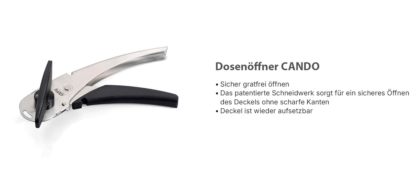 Відкривач для консервних банок GEFU Cando з безпечним ріжучим диском | З повторно надійним кришкою | Нержавіюча сталь та пластикова ручка | Для всіх банок