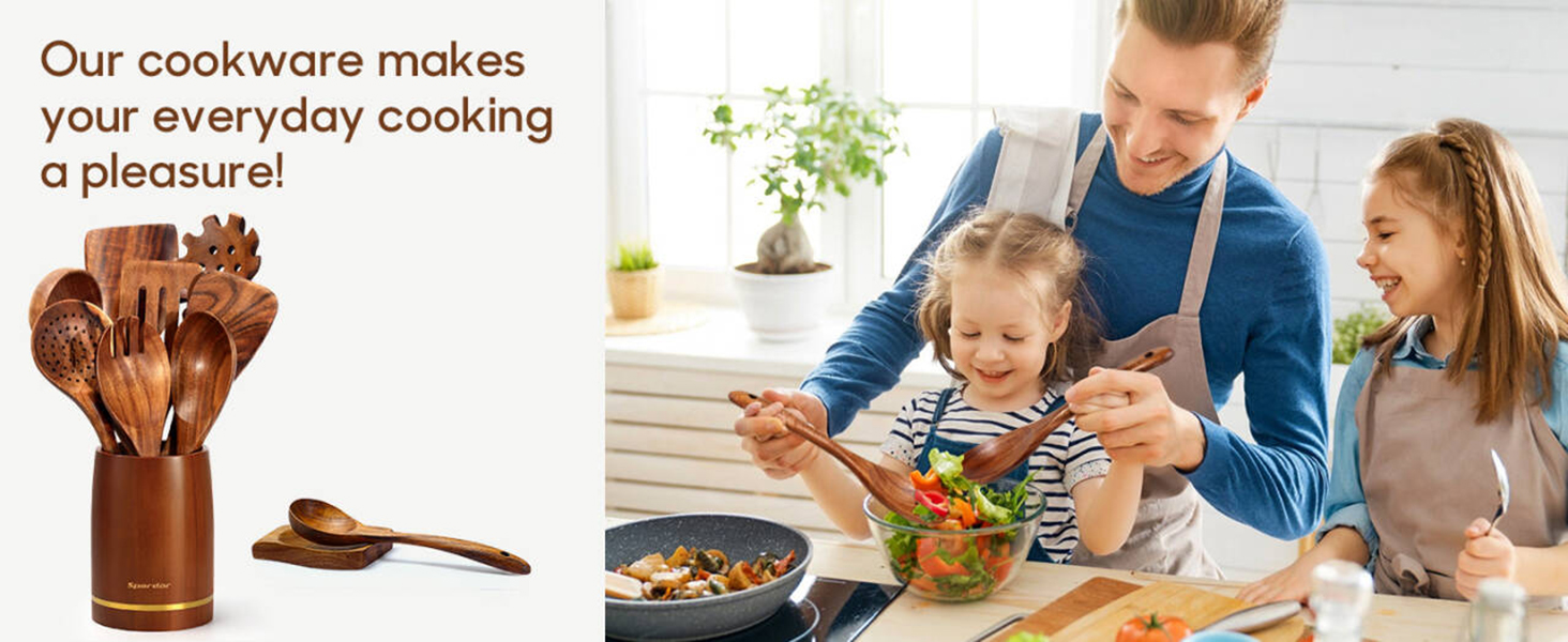 Набір кухонного приладдя Spardar з дерева, 12 шт: ложки, шумовки, підставка, рукавиці. Колір: помаранчевий, коричневий