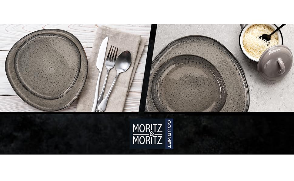 Набір посуду Moritz & Moritz ORGANIC 18 предметів (6 осіб) сірий - елегантний набір тарілок з високоякісної кераміки (6 великих, 6 десертних, 6 супових тарілок)