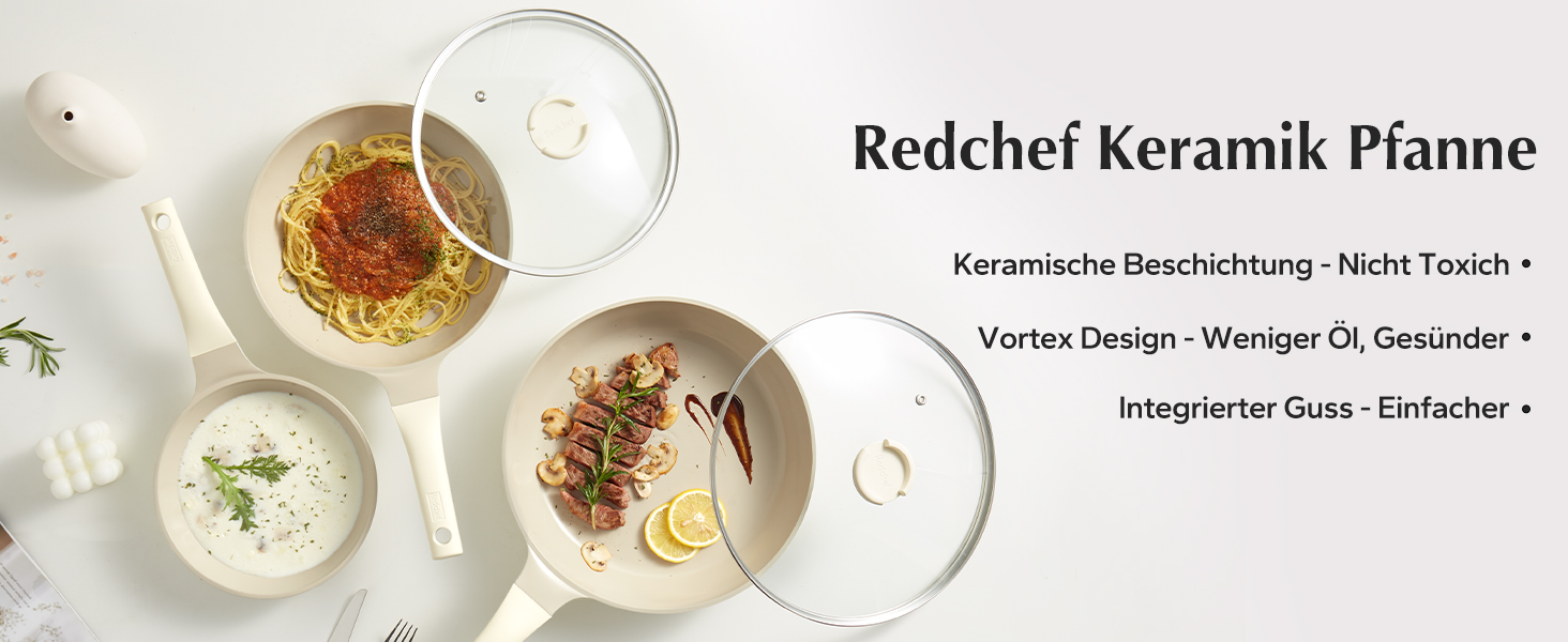 Набір керамічних сковорідок Redchef з 5 предметів, індукційні, без PTFE/PFAS/PFOA, можна мити в посудомийній машині, бежевий