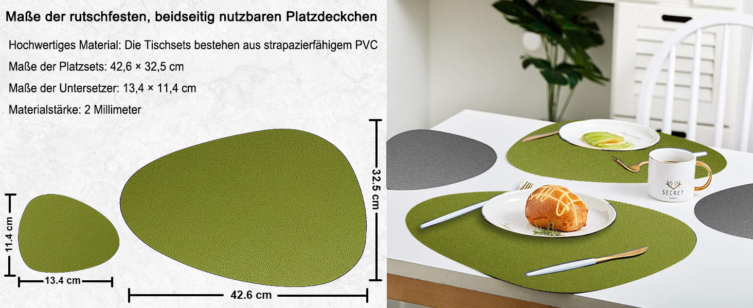 Набір з 6 підставників під тарілки, водонепроникні, з підставками, двосторонні, з імітацією шкіри, для обіднього столу, кухні, ресторану та дому (6 шт, зелений&сірий)