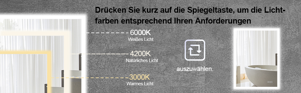Дзеркало для ванної кімнати Furduzz LED, 70x50 см з підсвічуванням, сенсорним вимикачем, 3 кольори світла, регулювання яскравості, антизапарник, пам'ять налаштувань