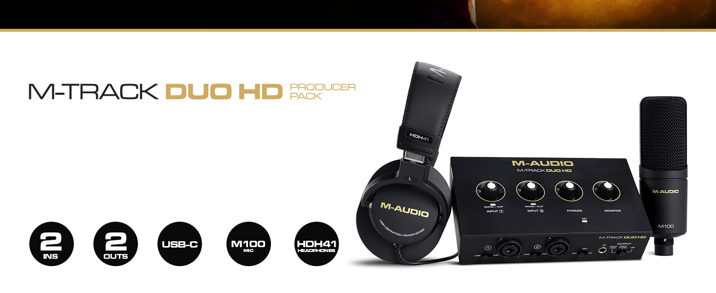 Аудіоінтерфейс M-Audio M-Track Duo для запису, стрімінгу та подкастів - 2 XLR/Line входи, 192kHz, з програмним забезпеченням