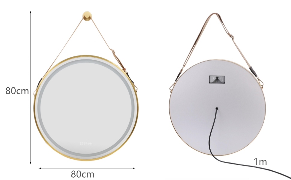 Дзеркало для ванної кімнати LUVODI кругле, 80 см, з підсвічуванням, золото, з сенсорним вимикачем, проти запотівання