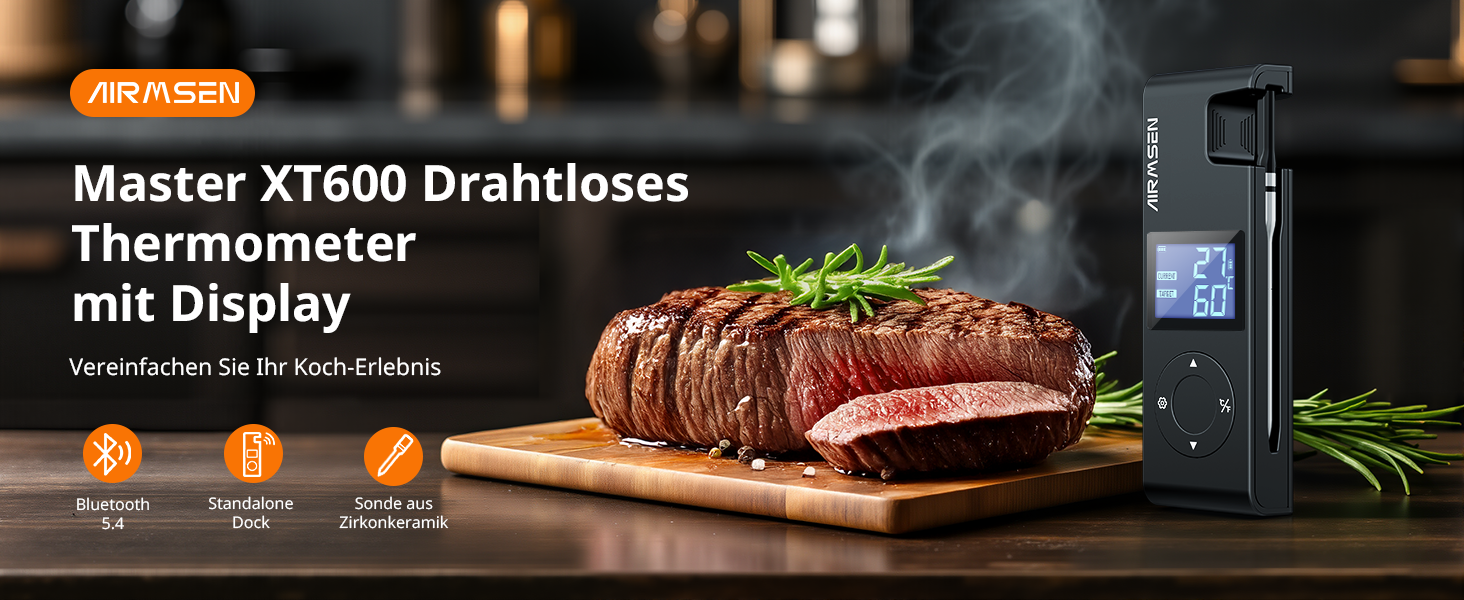 Бездротовий термометр для м'яса AIRMSEN з акумулятором 1000mAh, Bluetooth, LCD-дисплей, дальність 150м, керування через додаток, для приготування на грилі та барбекю, чорний