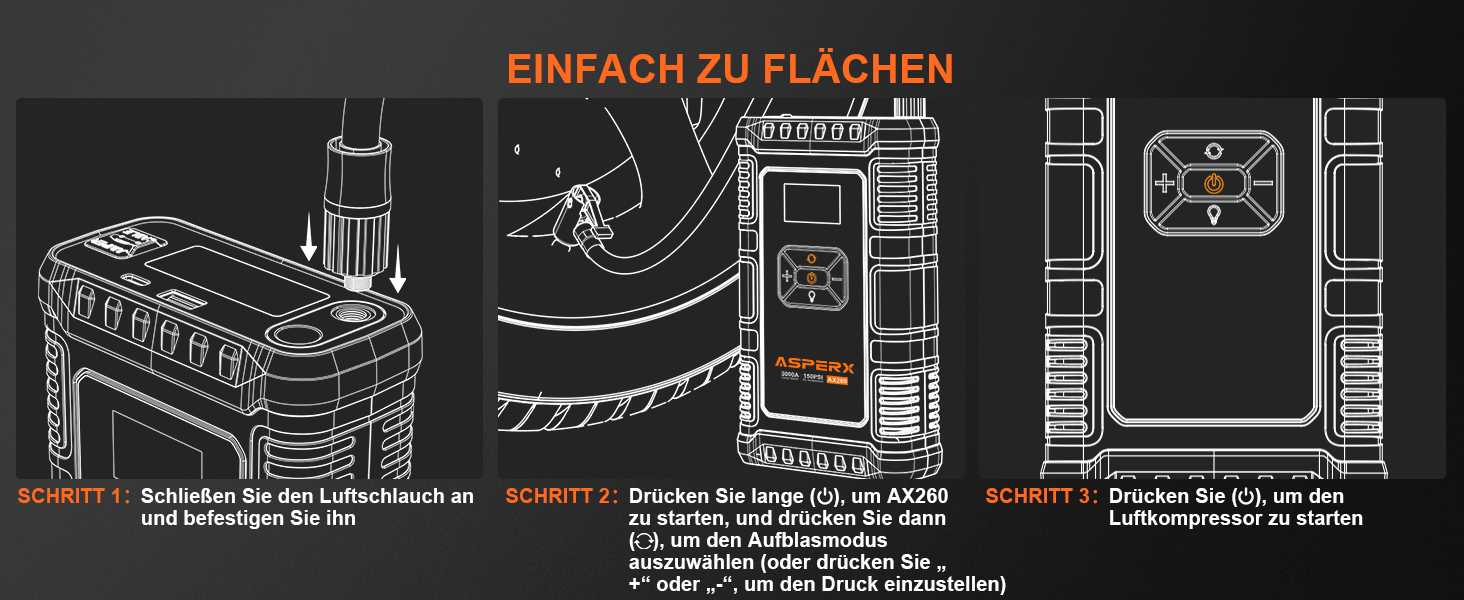 Powerbank з компресором ASPERX Starthilfe 150PSI, 3000A - пусковий пристрій для авто, мото, SUV (до 10л бензину/8л дизеля) з LED-ліхтариком