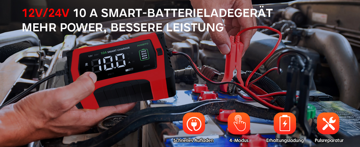 Інтелектуальне зарядне пристрій для акумулятора Haibito 12V/24V 10A з LCD-дисплеєм, для автомобіля