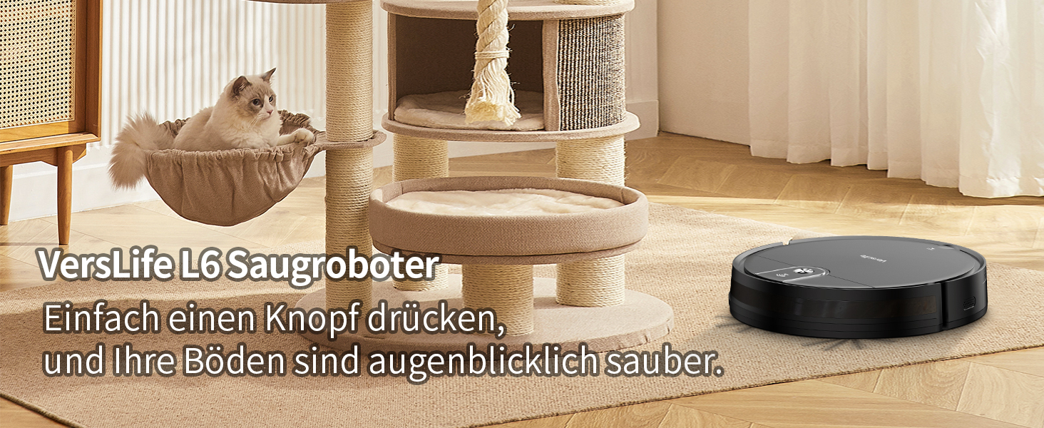 Робот-пилосос VersLife L6 з функцією миття, 4000Pa, керування через додаток, Alexa, до 120 хвилин роботи, ультратонкий дизайн, для видалення шерсті тварин, килимів та твердих підлог, чорний