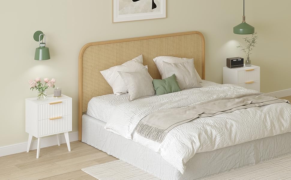 Журнальний столик з ротангу, дерев'яний приліжний столик з 2 висувними ящиками, декорованими ручною роботою з ротангу, бохо-столик, столик для вітальні/спальні з місцем для зберігання, для дому, природа, DECTG59Y (рефлений-білий)