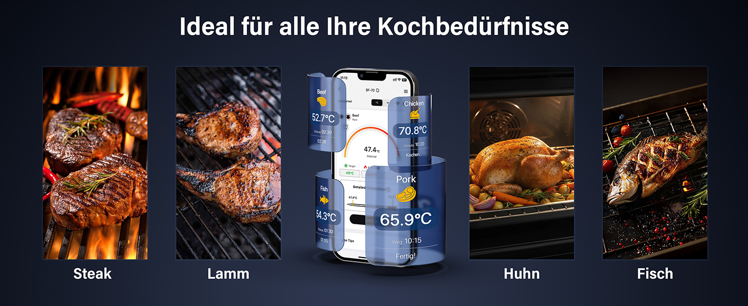 Термометр для гриля та м'яса з Wi-Fi та Bluetooth BFOUR: 6 датчиків, IP67, 2600mAh, керування через додаток