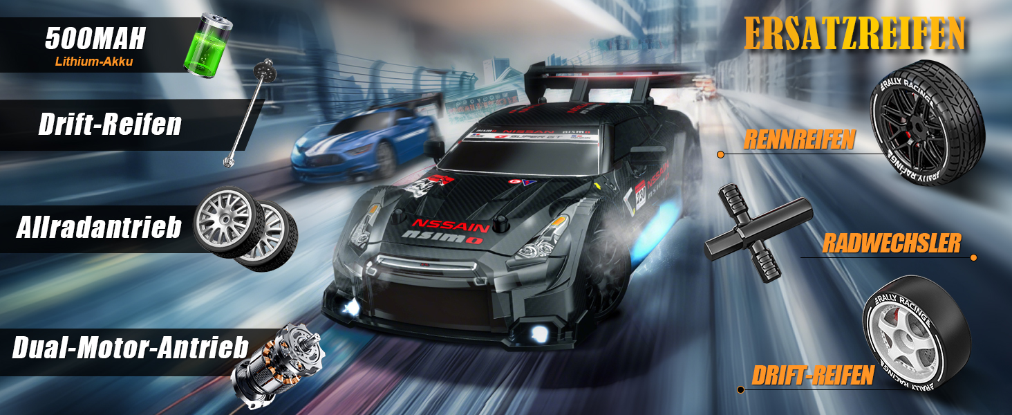 RC Машинка на радіокеруванні Drift Car 1:24, 4WD, 20 км/год, 2.4 GHz, LED, 2 акумулятори, чорна - для дітей