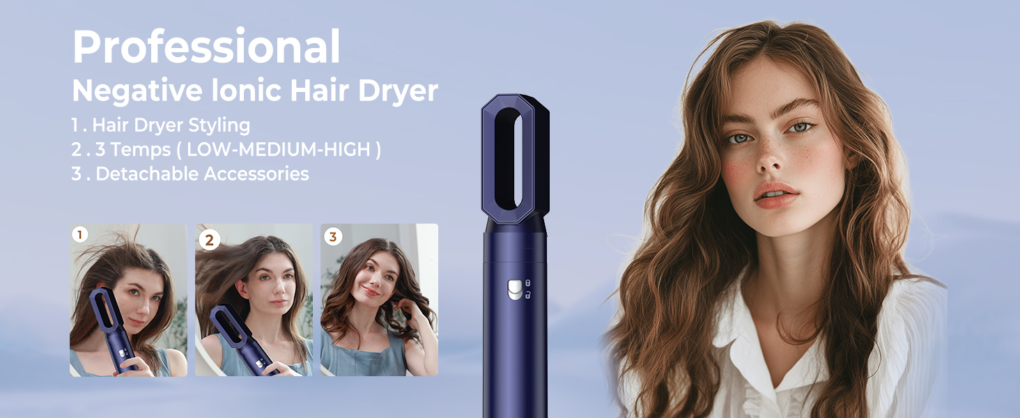UKLISS 6-в-1 Hairstyler: Фен-щітка для волосся з насадкоми, автоматична плойка, професійний фен-розкручувач для об'єму та укладки (Синій)