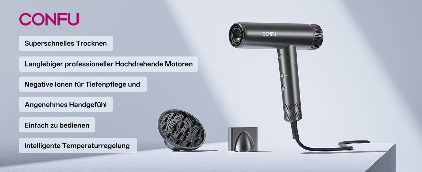 Професійний іонний фен для волосся CONFU 1700W, складаний фен з магнітним дифузором та стилізуючою насадкою, темно-сірий