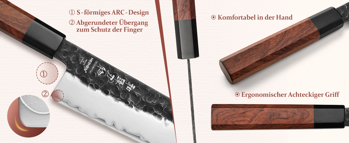 Професійний японський ніж Kiritsuke HEZHEN 21,5 см, кухонний ніж із 3-шарової дамаської сталі з восьмигранною ручкою з червоного дерева та дерев'яним чохлом