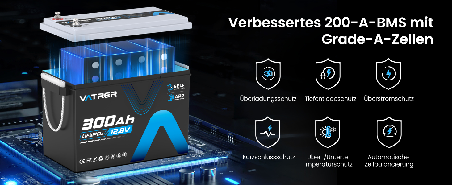 LiFePO4 акумулятор VATRER POWER 12V 300Ah з системою самопідігріву та Bluetooth