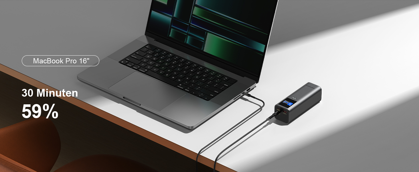 Power Bank AsperX 20000mAh, 165W, 2x USB-C 100W, Алюмінієвий Корпус, Вбудований Кабель 60см, TFT-Дисплей, для iPhone, MacBook, Samsung