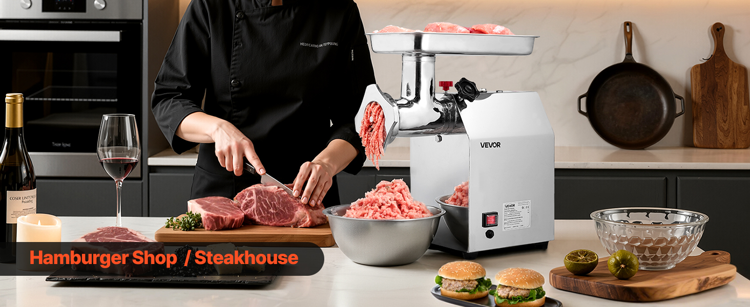 Електрична м'ясоподрібнювач VEVOR, 4.2 кг/хв, 1100 Вт, з лезом та диском, для ресторану, з нержавіючої сталі