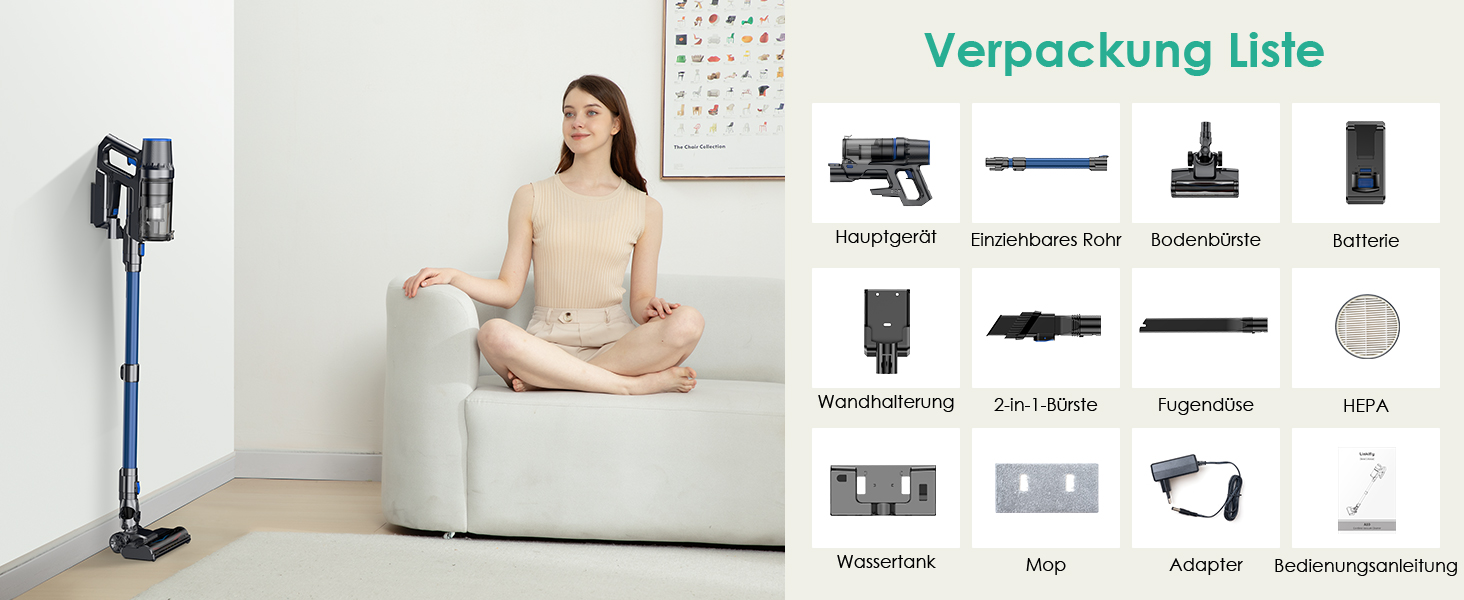 Акумуляторний пилосос з функцією миття підлоги, 45000Pa/550W/60 Min, безщітковий двигун, LED-дисплей, самостійна парковка, для твердих поверхонь, килимів та шерсті тварин, блакитний