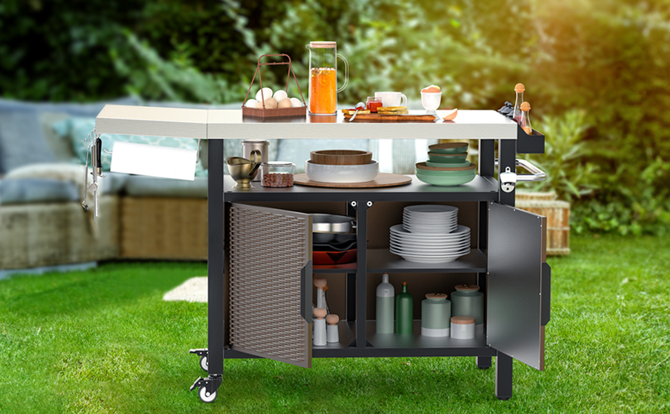 Onlyfire Grilltisch: Робочий стіл для гриля з великою поверхнею, візок для сервірування з колесами, гриль-стіл з відкидними боковими полицями, стільниця з нержавіючої сталі, візок для барбекю, 143.5 × 56 × 91 см, двостулковий