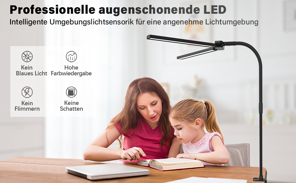 LED лампа для столу Hapfish з кріпленням, 24W, подвійний світлодіодний настільний світильник, широке та яскраве освітлення, 5 режимів кольору та 5 рівнів регулювання яскравості, денне світло, регульована лампа для офісу, дому, дітей, з шийним механізмом