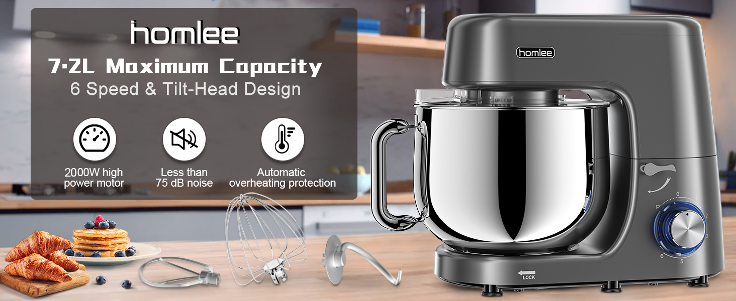 Кухонна машина 2000W з міксером та набором насадок, 7.2 л, нержавіюча сталь, сірий колір