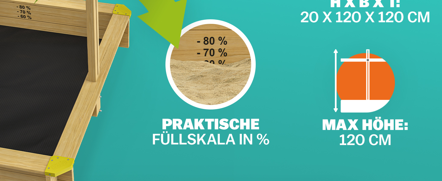 Пісочниця Spielwerk Samu з дахом від сонця 120x120 см, натуральне дерево, захист країв, UV 50, з рівнем наповнення, для дітей