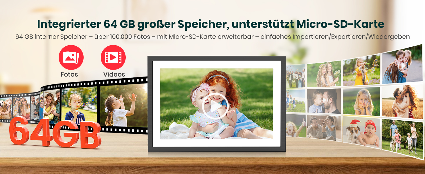 Цифровий фоторамка Frameo 10.1 дюймів: 64GB, 2K сенсорний екран, автоповорот, Frameo App