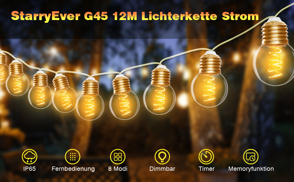 Світлодіодний струнний світильник StarryEver 12M G45, 40 теплих білих світлодіодів, 8 режимів, з регулюванням яскравості, з дистанційним керуванням для саду та балкона